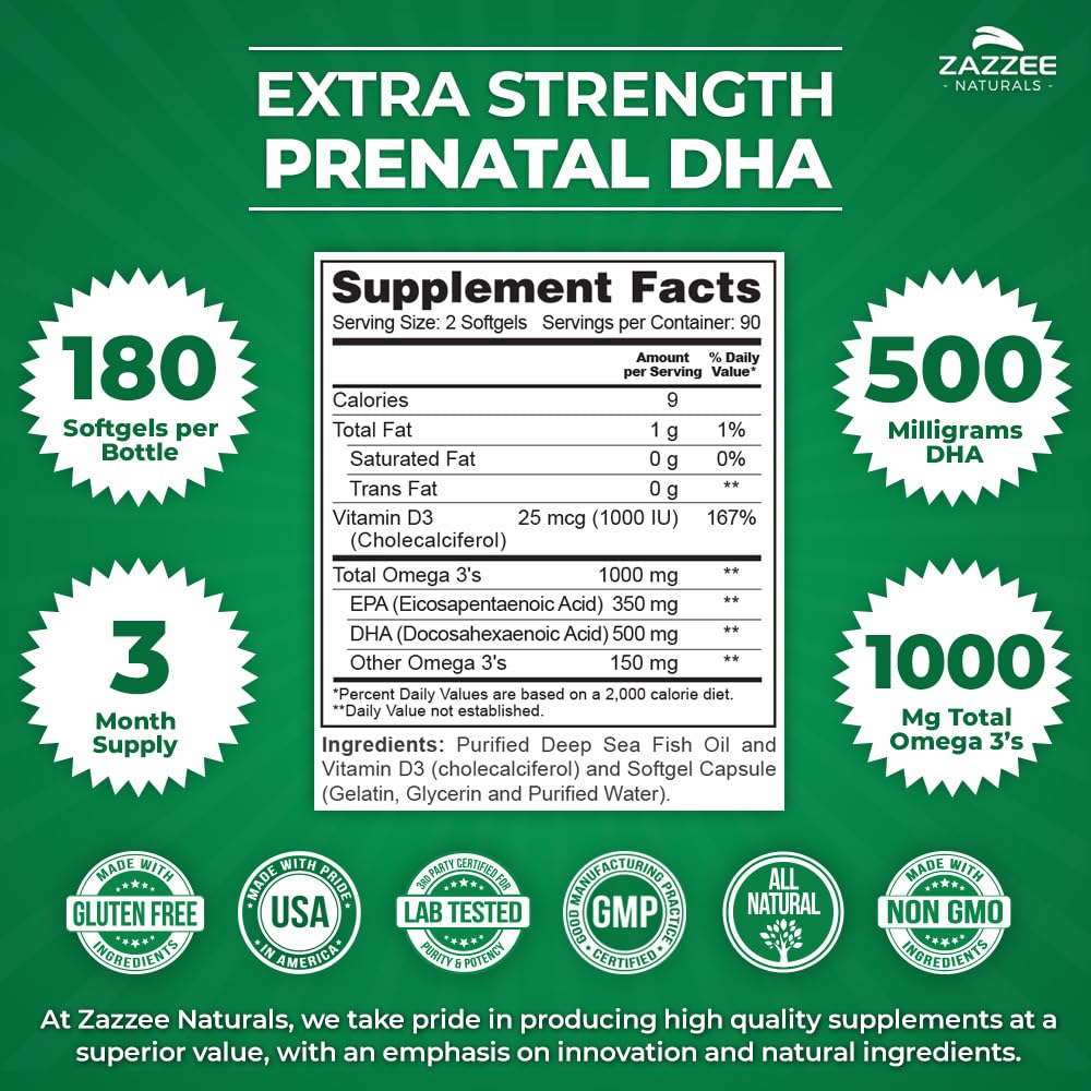 Zazzee Extra Strength Prenatal DHA 500 mg, 180 Enteric Coated Softgels, 1000 mg Omega 3’s, 1000 UI Vitamin D3, Burp Free, No Fishy Aftertaste, Superior Triglyceride Form, Purified Deep Sea Fish Oil