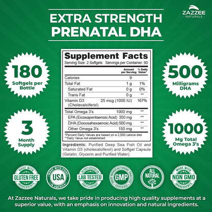 Zazzee Extra Strength Prenatal DHA 500 mg, 180 Enteric Coated Softgels, 1000 mg Omega 3’s, 1000 UI Vitamin D3, Burp Free, No Fishy Aftertaste, Superior Triglyceride Form, Purified Deep Sea Fish Oil