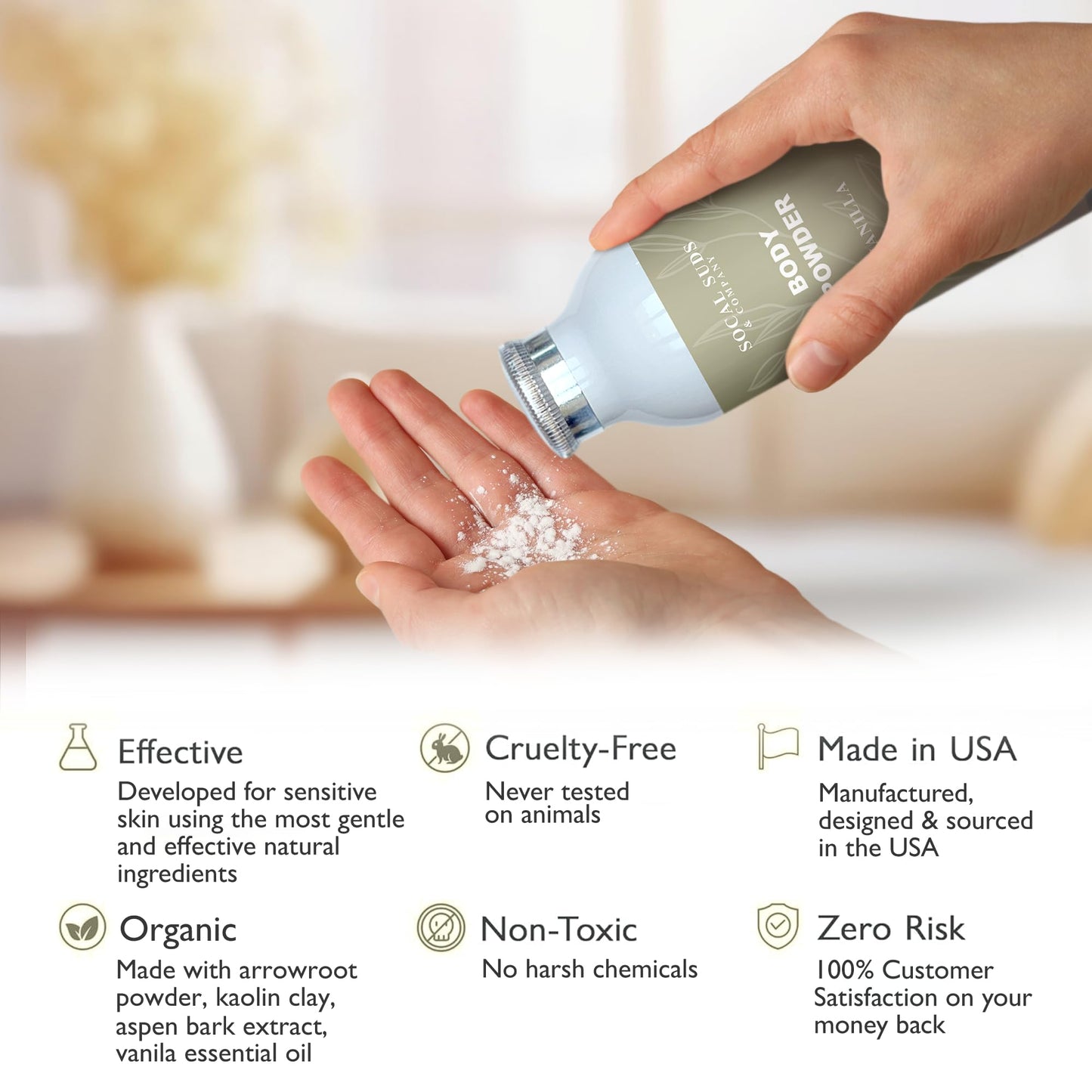 SoCal Suds & Company - Natural Body Powder Talc-Free - with Arrowroot Powder, Kaolin, Aspen Bark Extract for Soft Soothing Delicate Skin - Vanilla 4oz, 1-Pack