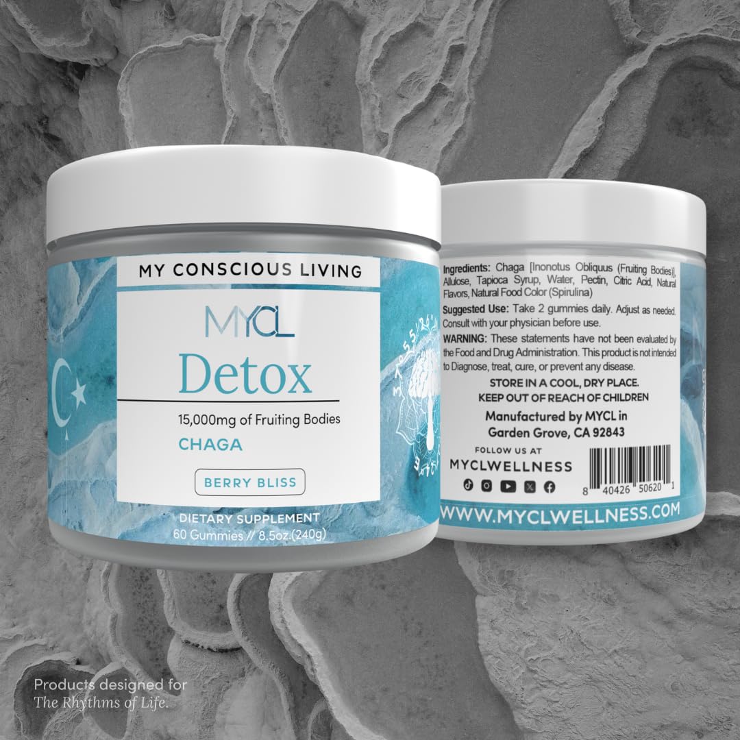MYCL Detox Chaga Mushroom Gummies – Antioxidant & Immune Support Supplement – 250mg Fruiting Bodies – Vegan, Gluten-Free – Blueberry Lemonade Flavor – 60 Count