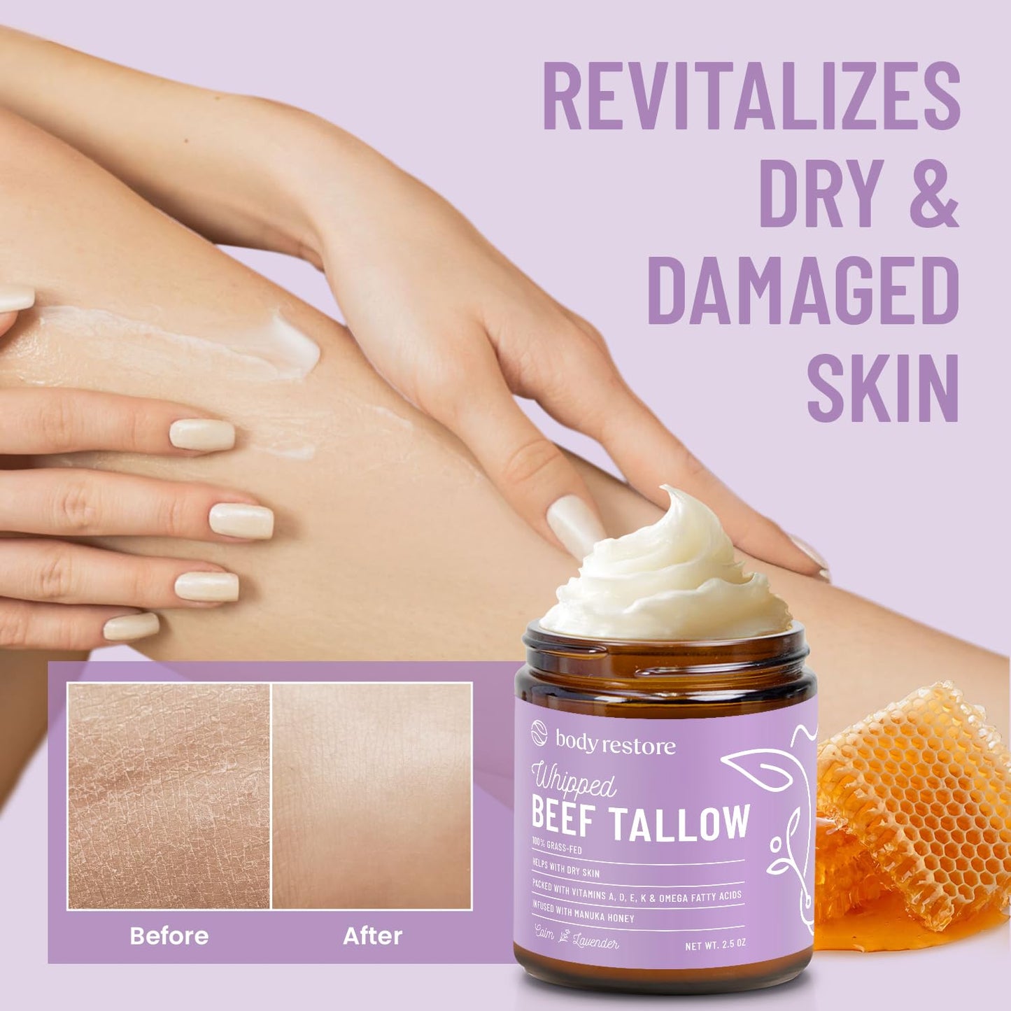 Body Restore Grass Fed Whipped Beef Tallow for Skin, Face, Body, Dry Skin - with Manuka Honey, Jojoba Oil, Birthday Gifts for Women, Men, Travel Essentials, Self Care - Lavender