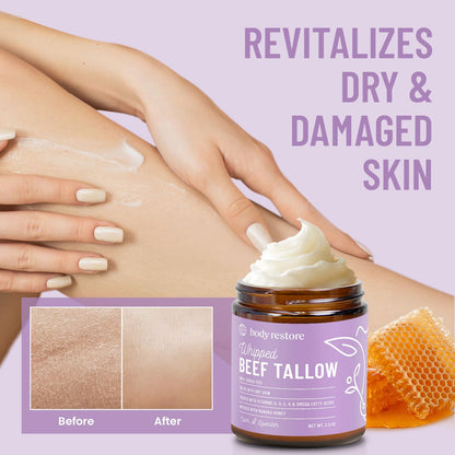 Body Restore Grass Fed Whipped Beef Tallow for Skin, Face, Body, Dry Skin - with Manuka Honey, Jojoba Oil, Birthday Gifts for Women, Men, Travel Essentials, Self Care - Lavender