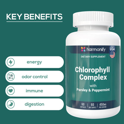 HARMONIFY Chlorophyll Capsules 450mg, Natural Chlorophyll Pills for Women & Men – Highly Bioavailable Chlorophyll Supplement – 120 Capsules