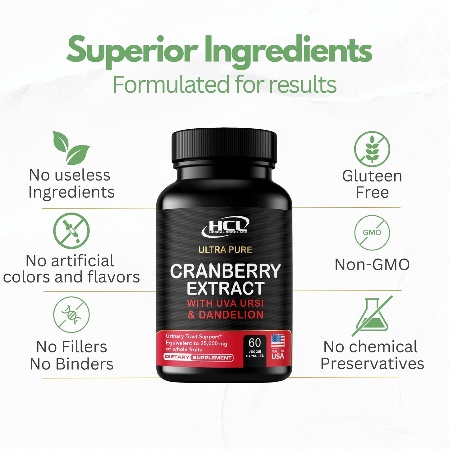 Cranberry Extract Pills - Super Strength 50:1 Whole Fruit Concentrate Equals to 25,000mg of Fresh Cranberries Plus Dandelion & Uva Ursi - Natural UTI Support - Kidney Cleanse & Urinary Tract Health