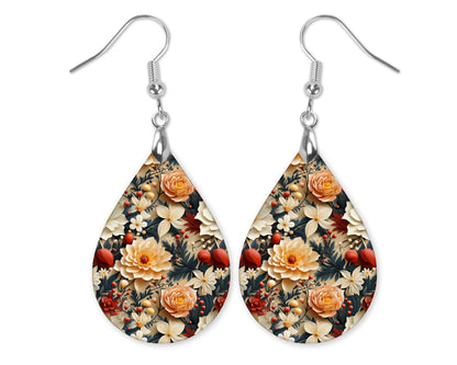 Fall Earrings for Women Autumn Lightweight Teardrop Dangle Fun Colorful Statement Jewelry Handmade by the Painted Pug (Fall Floral Dahlia)