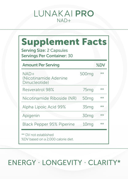 Lunakai PRO USA Made Dual-Pathway NAD+ Formula with NR & Resveratrol – Natural NAD Supplement for Women & Men – Longevity & Cellular Health Support, 60ct