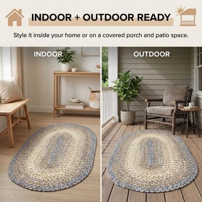 Super Area Rugs Blue and Beige Braided Rugs 2X3 Farmhouse Kitchen Rug - Ridgewood Braided Rug for Entryway/Mudroom - Reversible - Woven Indoor/Outdoor Rug - Made in USA - 2' X 3' Oval