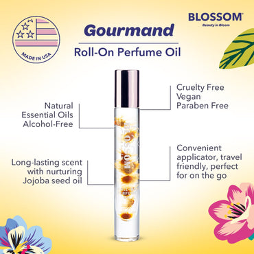 Blossom Roll on Perfume for Women Alcohol Free Gourmand Rollerball Perfume Oil with Essential Oils, Infused with Real Flowers, Made in USA, 0.20oz, (Vanilla, Caramel, Nutmeg) Almond Biscotti