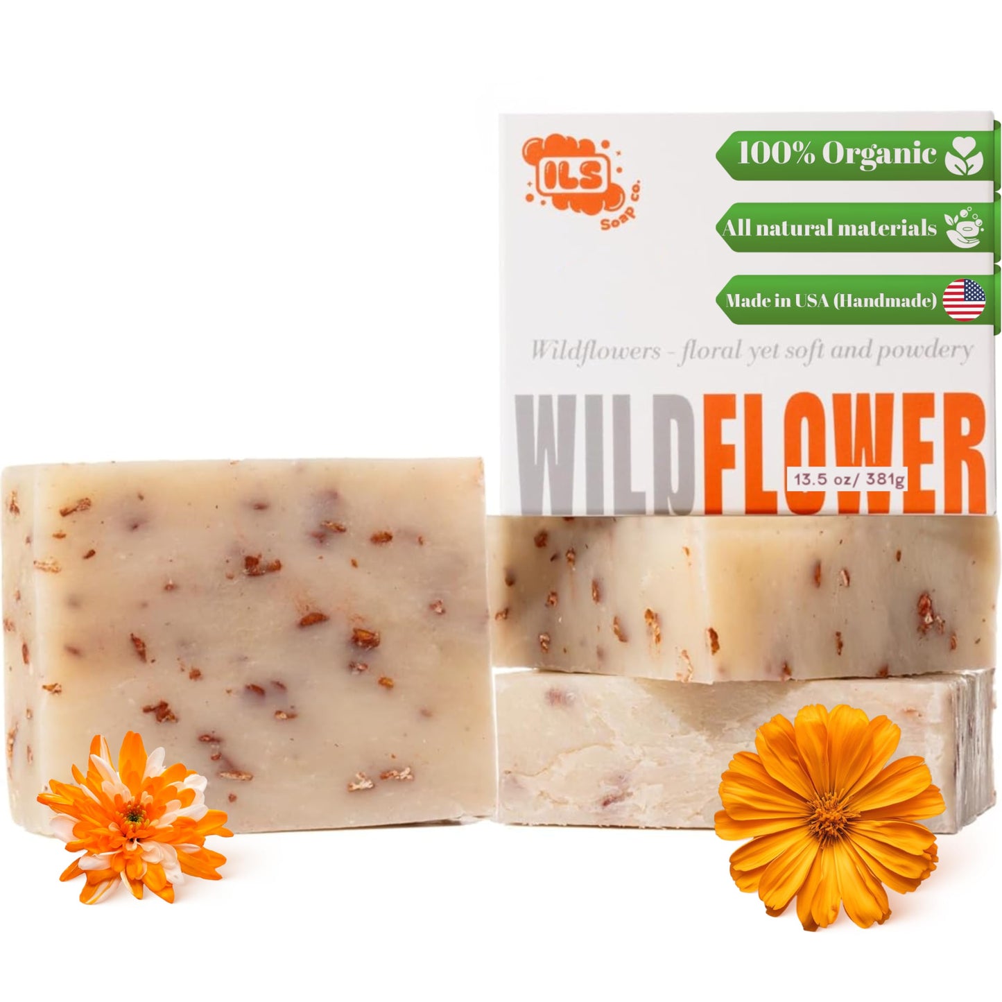 ILS Soap co - Wildflowers (floral with light exfoliation) All Natural Bar Soap for All Skin Types - Plant Based, Cold Process and Handmade in the USA (3 Pack)