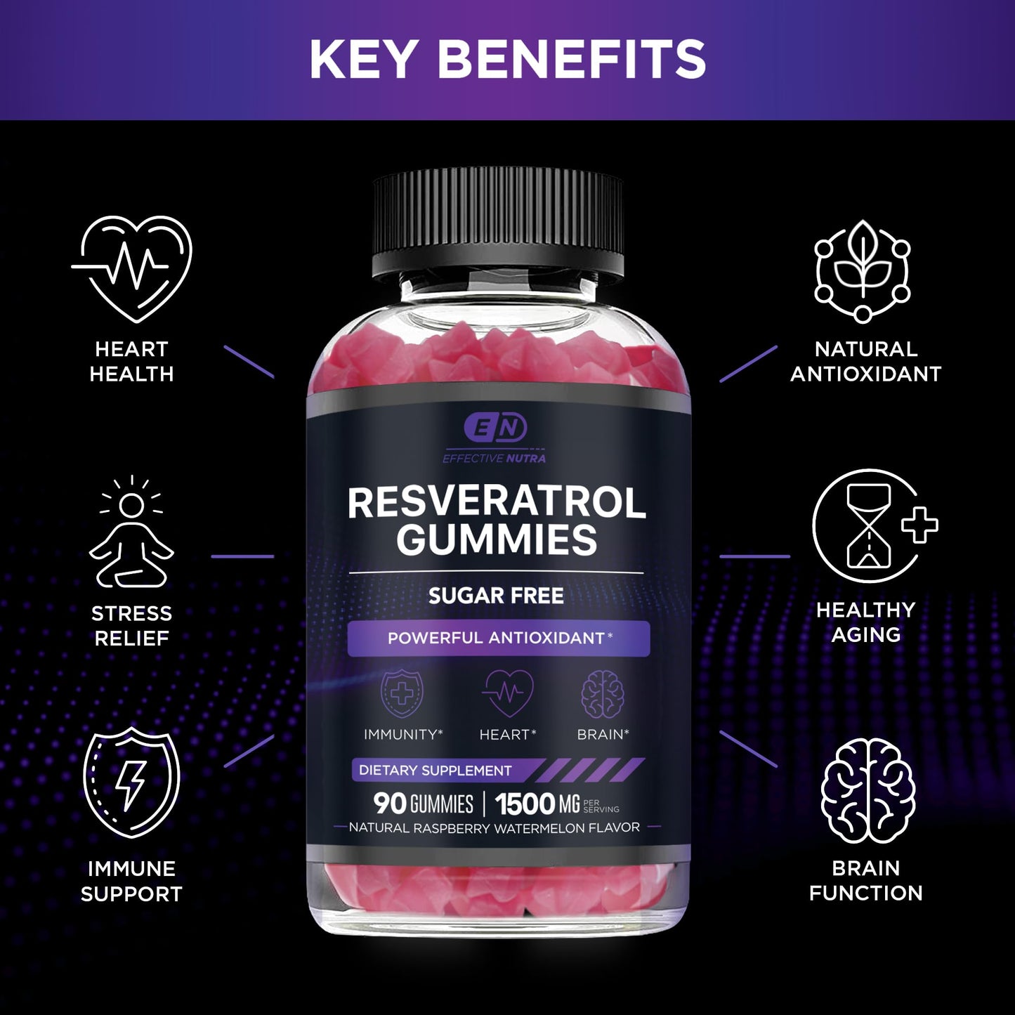 EFFECTIVE NUTRA Resveratrol Gummies 1500mg | Sugar-Free Supplement for Antioxidant Support, Immunity, Heart Health, and Brain Function | 45-Day Supply, Natural Berry Flavor, Made in USA (90 Count)