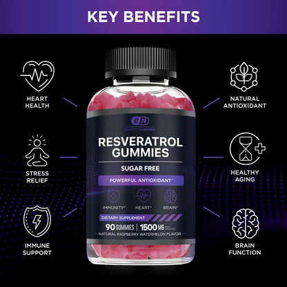 EFFECTIVE NUTRA Resveratrol Gummies 1500mg | Sugar-Free Supplement for Antioxidant Support, Immunity, Heart Health, and Brain Function | 45-Day Supply, Natural Berry Flavor, Made in USA (90 Count)