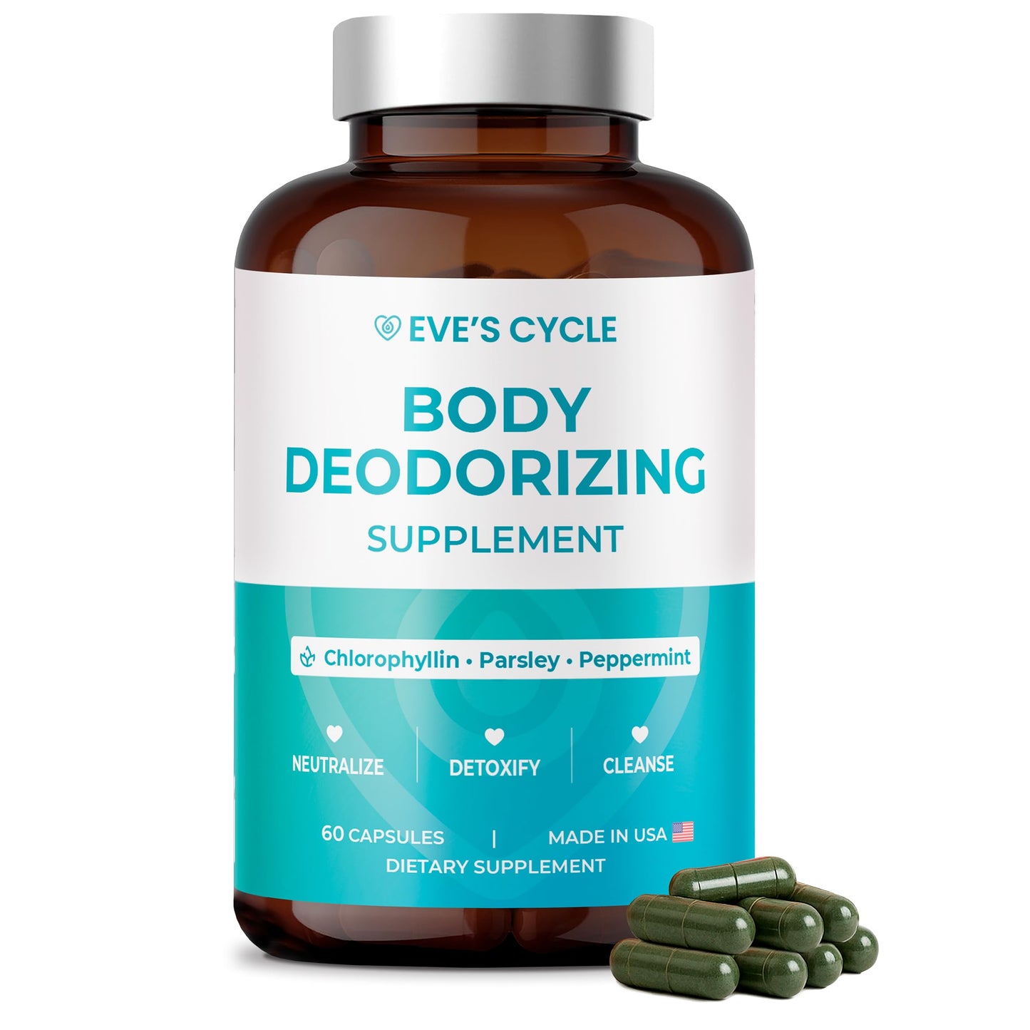 Body Deodorizing Supplement – Natural Internal Deodorant Chlorophyll Capsules with Chlorophyllin, Parsley & Peppermint – 60 Vegan 500mg+ Chlorophyll Pills – Daily Detox & Cleanse Support – Made in USA