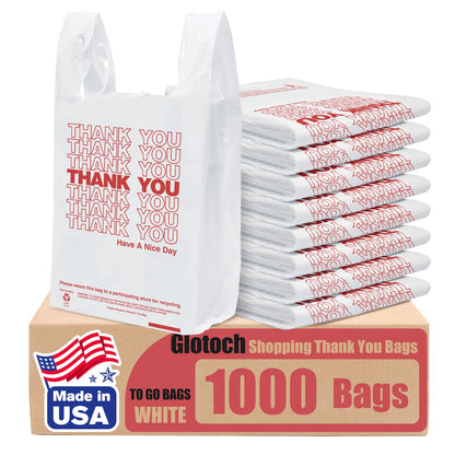 Glotoch Plastic Thank You Bags 1000 Count, 11.5" x 6.5" x 21" White Grocery Bags with Handles for Restaurant, Retail, Grocery Store, Takeout, Convenience Stores, T-shirt Shopping Bag in Bulk