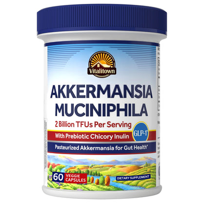 Vitalitown Akkermansia Probiotic GLP-1 with Chicory Inulin | 2 Billion TFU | Akkermansia Muciniphila Probiotics for Men & Women | Gut Health | Digestion | Non-GMO | 60 Veg Caps