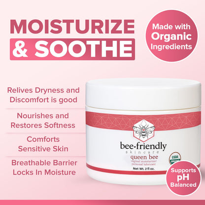 BeeFriendly Organic Vaginal Moisturizer, USDA Certified, Natural Vulva Cream For Dryness, Itching, Irritation, Redness, Chafing Of Vagina Due To Menopause & Thinning 2 oz