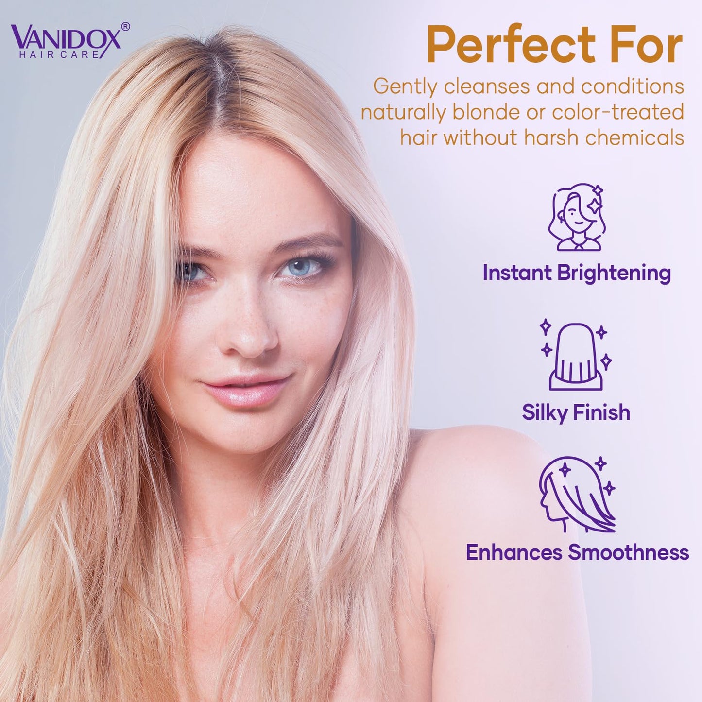 VANIDOX Sulfate Free Brass Toning Purple Shampoo and Conditioner Set for Blondes, Brown Highlighted, or Bleached Hair, Infused with Purple Rice Extract (16 fl oz each)