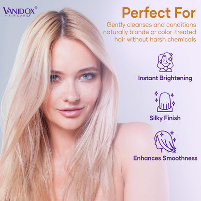 VANIDOX Sulfate Free Brass Toning Purple Shampoo and Conditioner Set for Blondes, Brown Highlighted, or Bleached Hair, Infused with Purple Rice Extract (16 fl oz each)