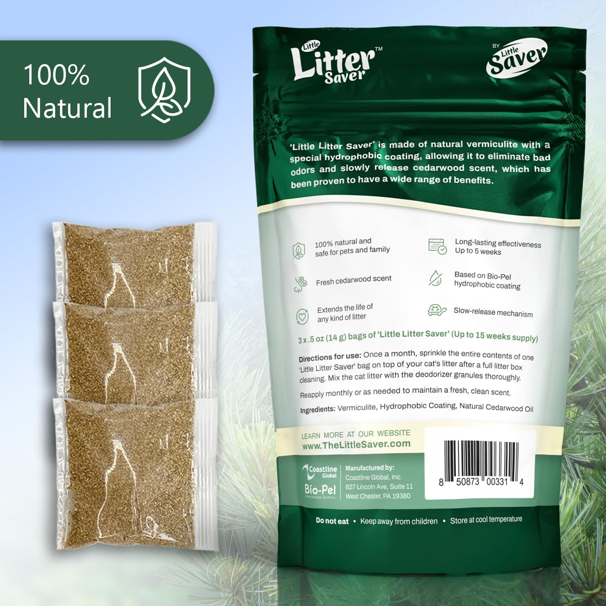 LITTLE SAVER Little Litter Saver | a New Generation Of Cat Litter Box Deodorizer | Unique Formula for Slow Release | Natural Fresh Scent | Up to 15 Weeks Supply | 3 x 0.5oz bags (Cedar)