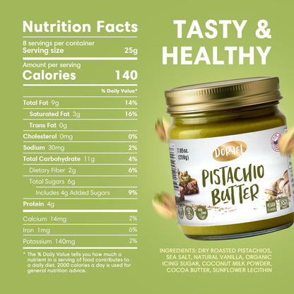 DORREL - Pistachio Butter, Dairy-Free Spreadable Butter Made from 60% California-Grown Pistachios, No Palm Oil, Vegan & Kosher Pareve Healthy Condiments for Snacks, Baking, Dips & More (200g)