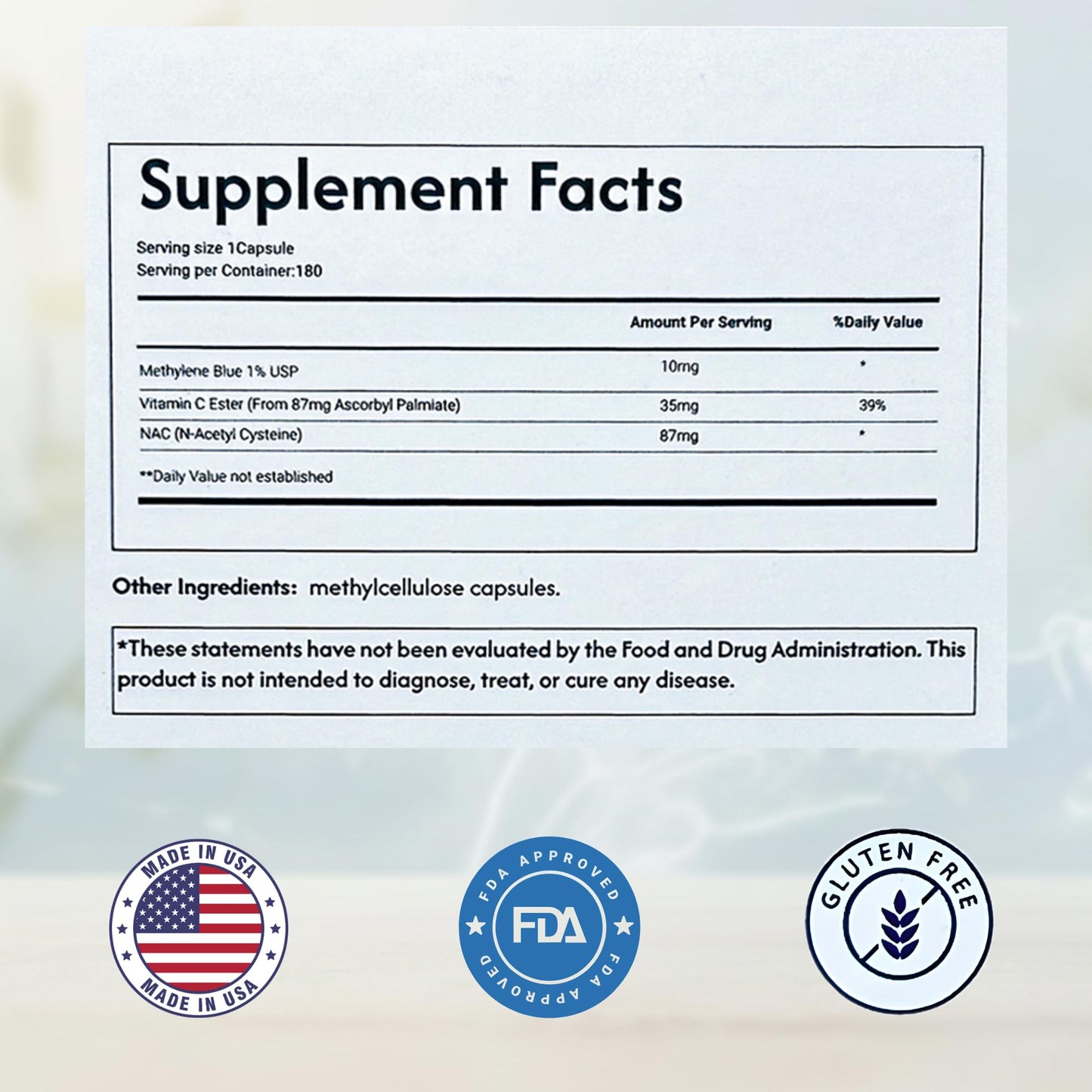 Methylene Blue Capsules 10mg - Pharmaceutical Grade Supplement - Trusted Made in America Brand - (USP Reference Compliant) with Vitamin C Ester Enhanced Absorption - Third Party Tested - 180 Pills