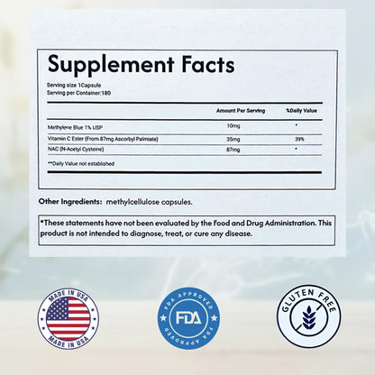 Methylene Blue Capsules 10mg - Pharmaceutical Grade Supplement - Trusted Made in America Brand - (USP Reference Compliant) with Vitamin C Ester Enhanced Absorption - Third Party Tested - 180 Pills