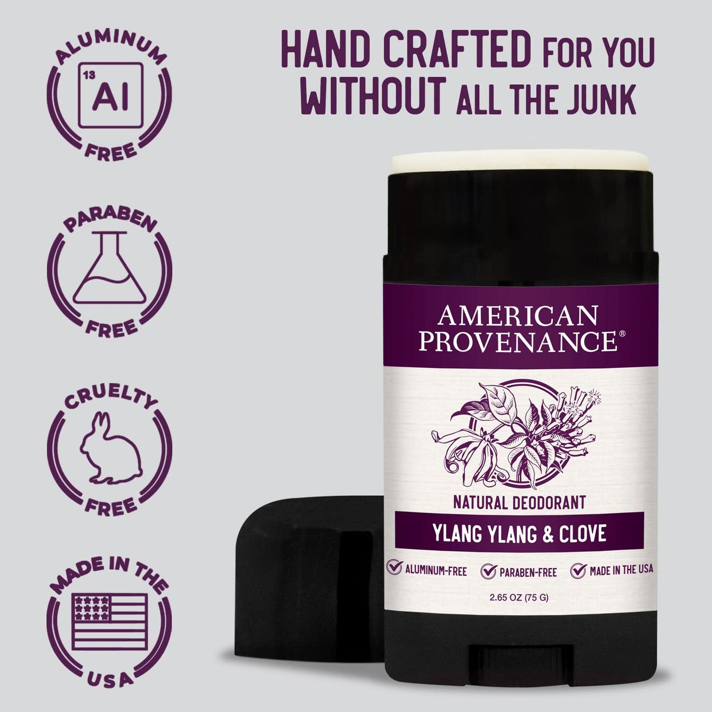 American Provenance Aluminum Free Natural Deodorant For Women and Men - Ylang Ylang and Clove - 24 Hour Odor Protection - Cruelty Free - Made in the USA (1 pack)