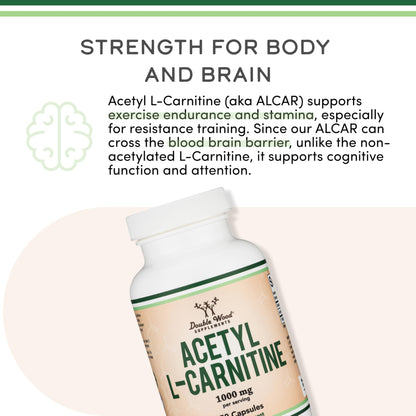 Acetyl L-Carnitine 1,000mg Per Serving, 150 Capsules (ALCAR for Brain Function Support, Memory, Attention, and Stamina) Acetyl L Carnitine That is Third Party Tested by Double Wood
