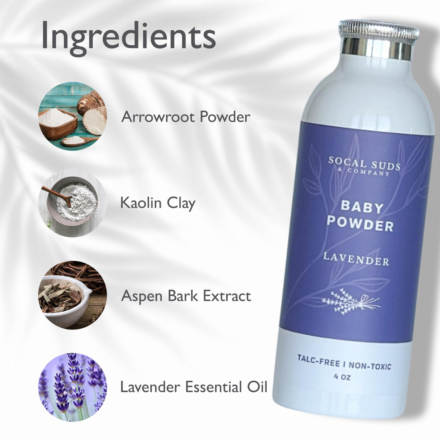 SoCal Suds & Company - Natural Baby Powder Talc-Free - Newborn Essentials with Arrowroot Powder, Kaolin, Aspen Bark Extract for Soft Soothing Protected Skin - Gentle Absorption - Lavender, 4oz