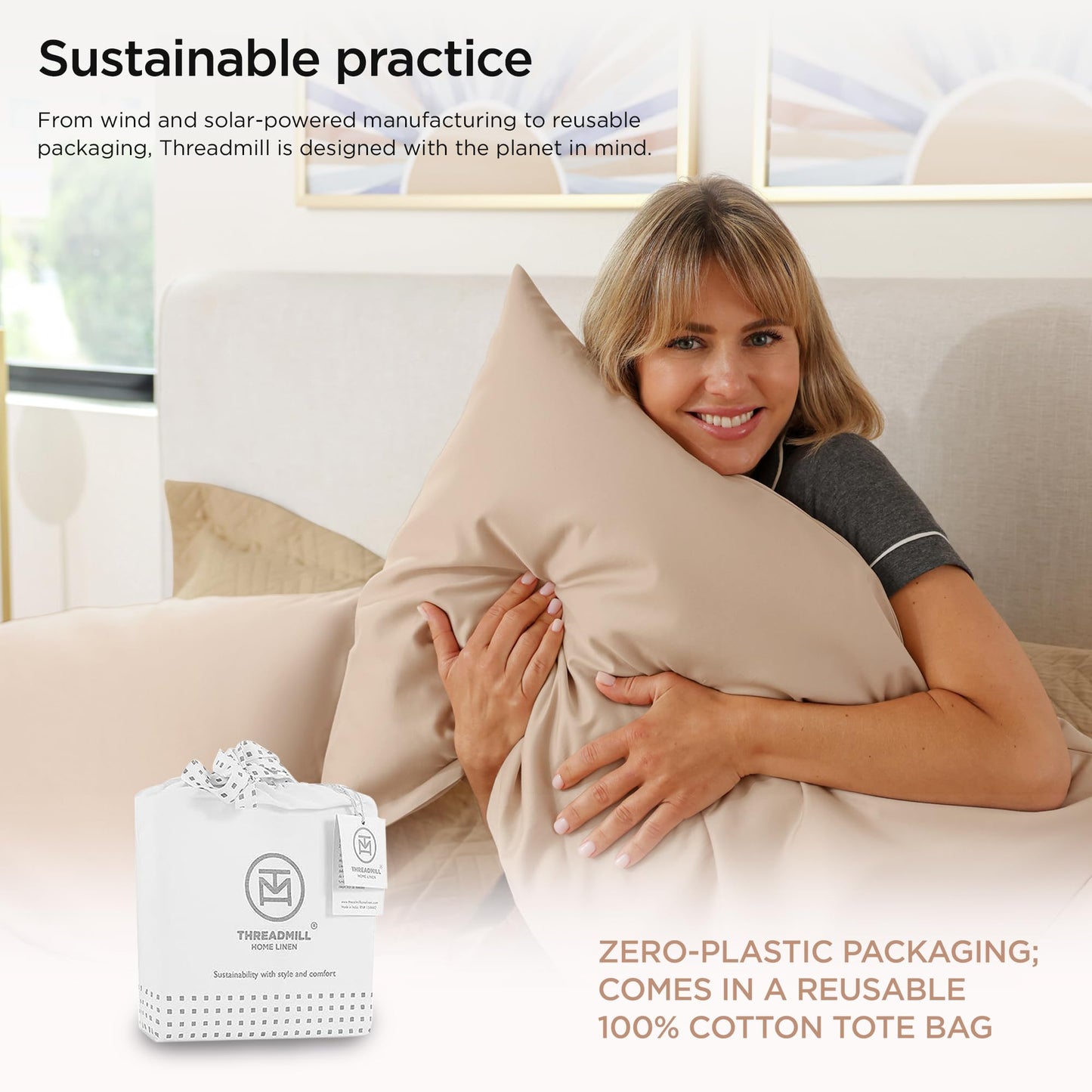 Threadmill Supima Cotton Sheets Queen | 656 Thread Count Queen Sheet for Queen Mattress | 4 Piece Luxury Bed Sheets | Sateen Weave Hotel Quality Sheet with Elasticized Deep Pocket | Beige Sheets