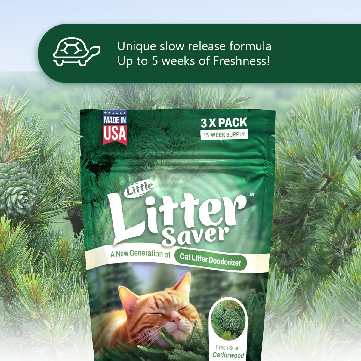 LITTLE SAVER Little Litter Saver | a New Generation Of Cat Litter Box Deodorizer | Unique Formula for Slow Release | Natural Fresh Scent | Up to 15 Weeks Supply | 3 x 0.5oz bags (Cedar)