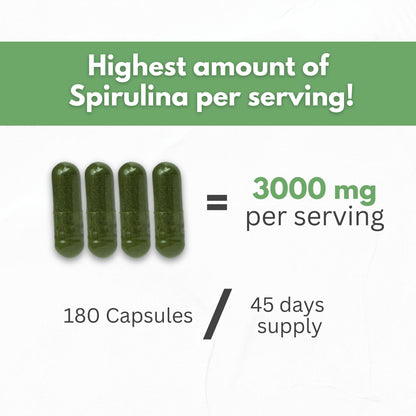 Spirulina Powder Capsules 3000 mg - Purest Non-Irradiated Blue Green Algae - Best Raw Vegan Protein - Green Superfood - Natural Multivitamins – 180 Pills Made in The USA