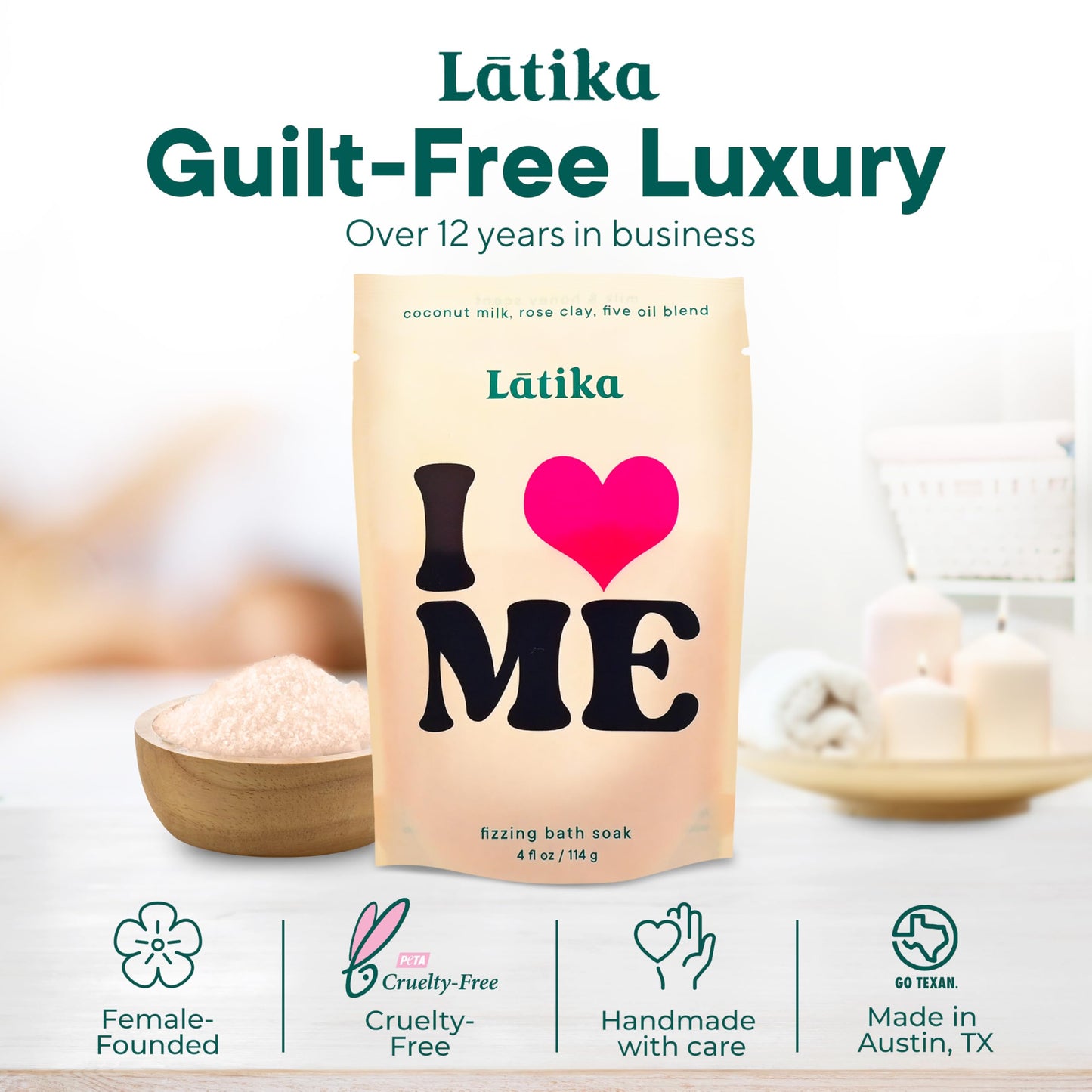 Latika Soak Set of 3 - I Heart Me Bath Soaks with Oats, Milk & Honey for Self-Love & Self-Care – for Relaxation, Muscle Recovery & Skin Nourishment – Stress Relief Soaking Salts