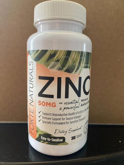 FORTE NATURALS Zinc 50mg, (30 Tablets), Specially Formulated for Sensitive Stomach, Immune Support, Skin & Hair, Vegan Zinc Supplement, Non-GMO Made in USA