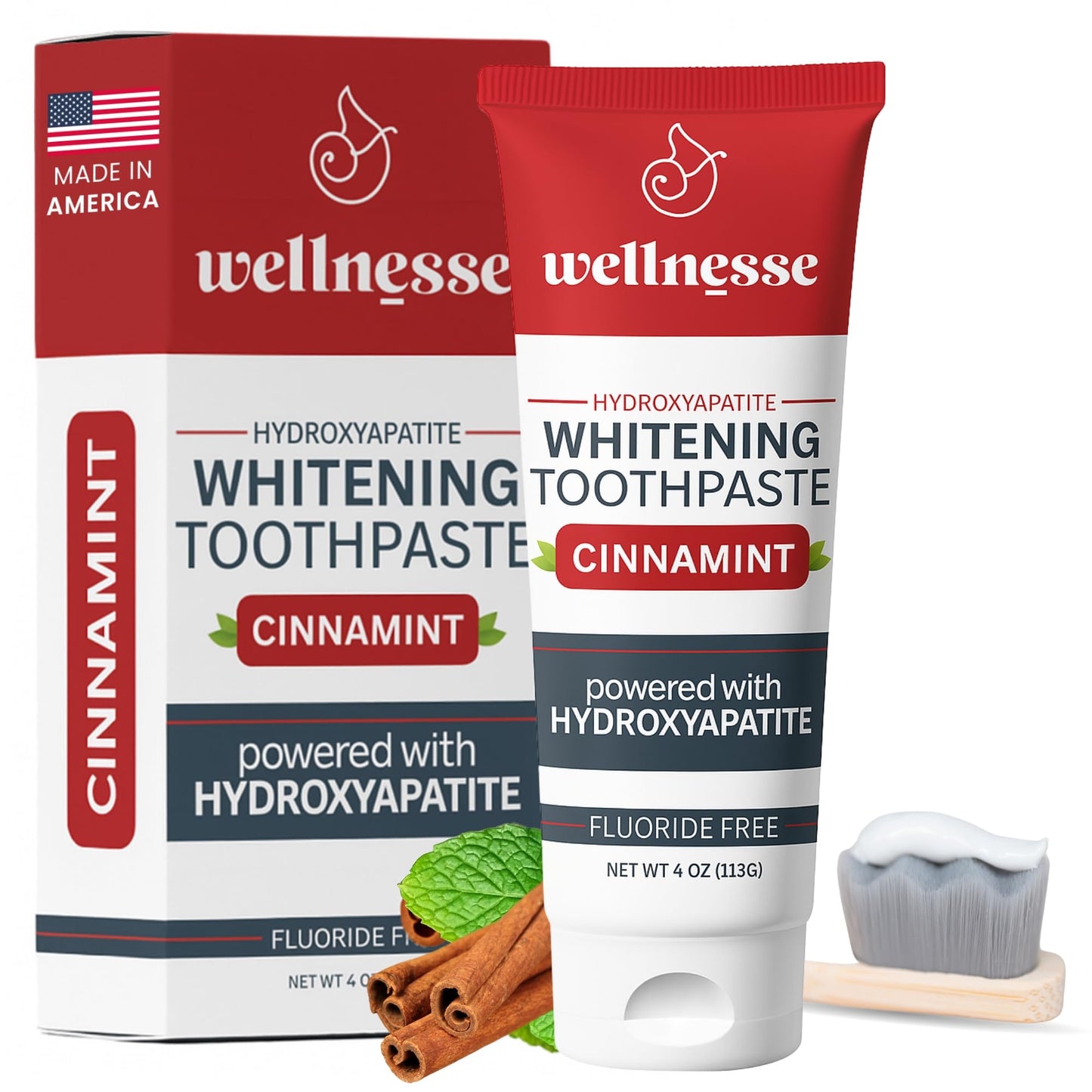 Wellnesse Hydroxyapatite Toothpaste – Fluoride Free for Sensitive Gums – Anti-Plaque, Remineralizing, Enamel Protection & Natural Whitening Toothpaste for Adults – Cinnamint Flavor - 4 oz