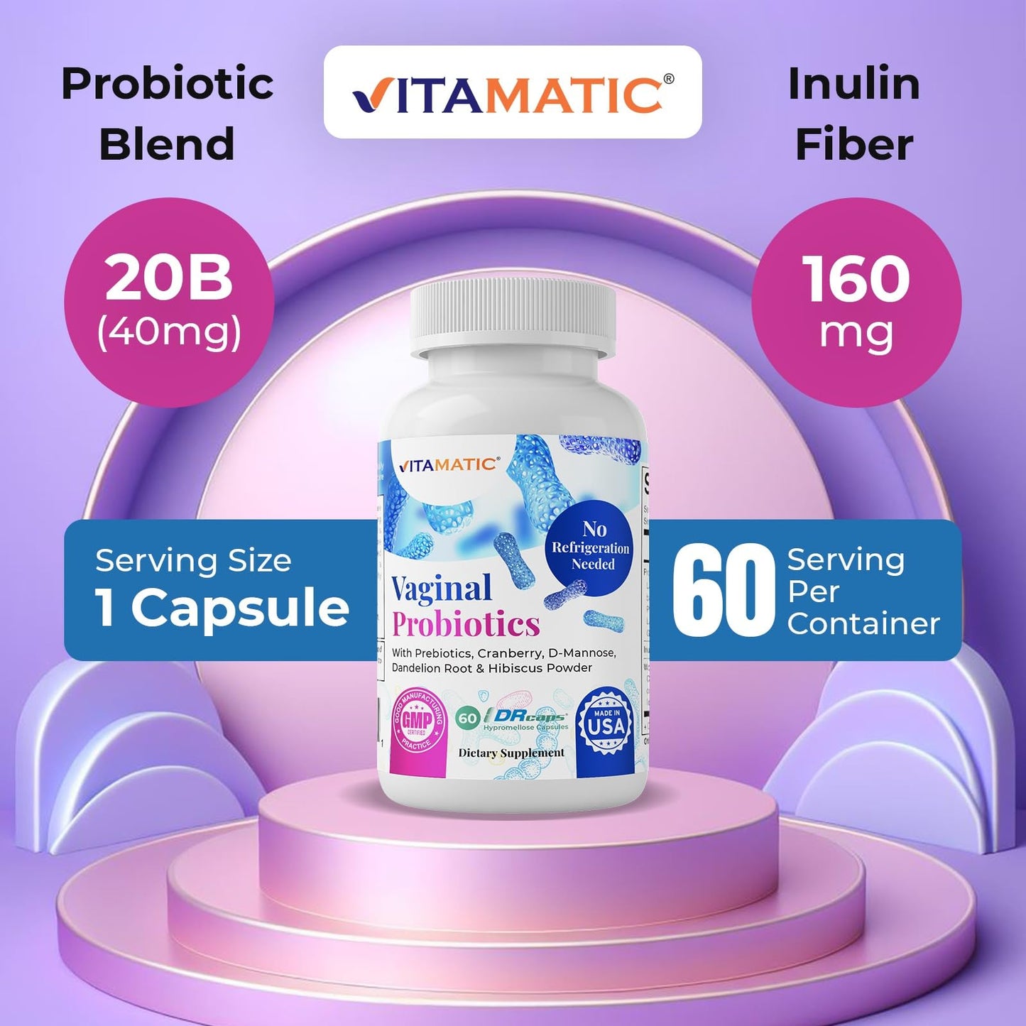 Vitamatic Vaginal Probiotics 20 Billions for Women pH Balance & Odor Control with Prebiotics & Probiotics 60 DR Capsules - Made with Cranberry, D-Mannose, Hibisucs & Dandelion