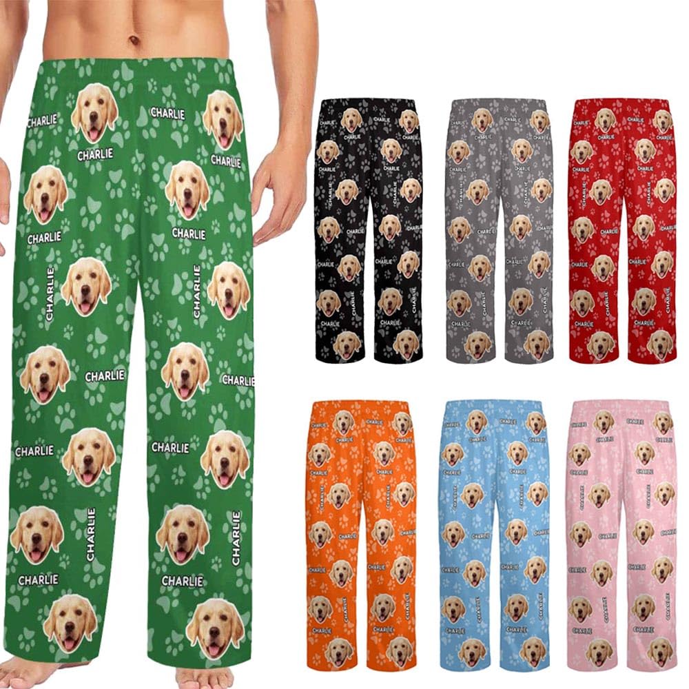 Custom Face Pajamas Pants with Photo for Men Women:Made in USA Personalized Dod Cat Pet Pajama Sleepwear Trousers For Family Couple Pet Lover,Funny Christmas Gifts for Wife Husband