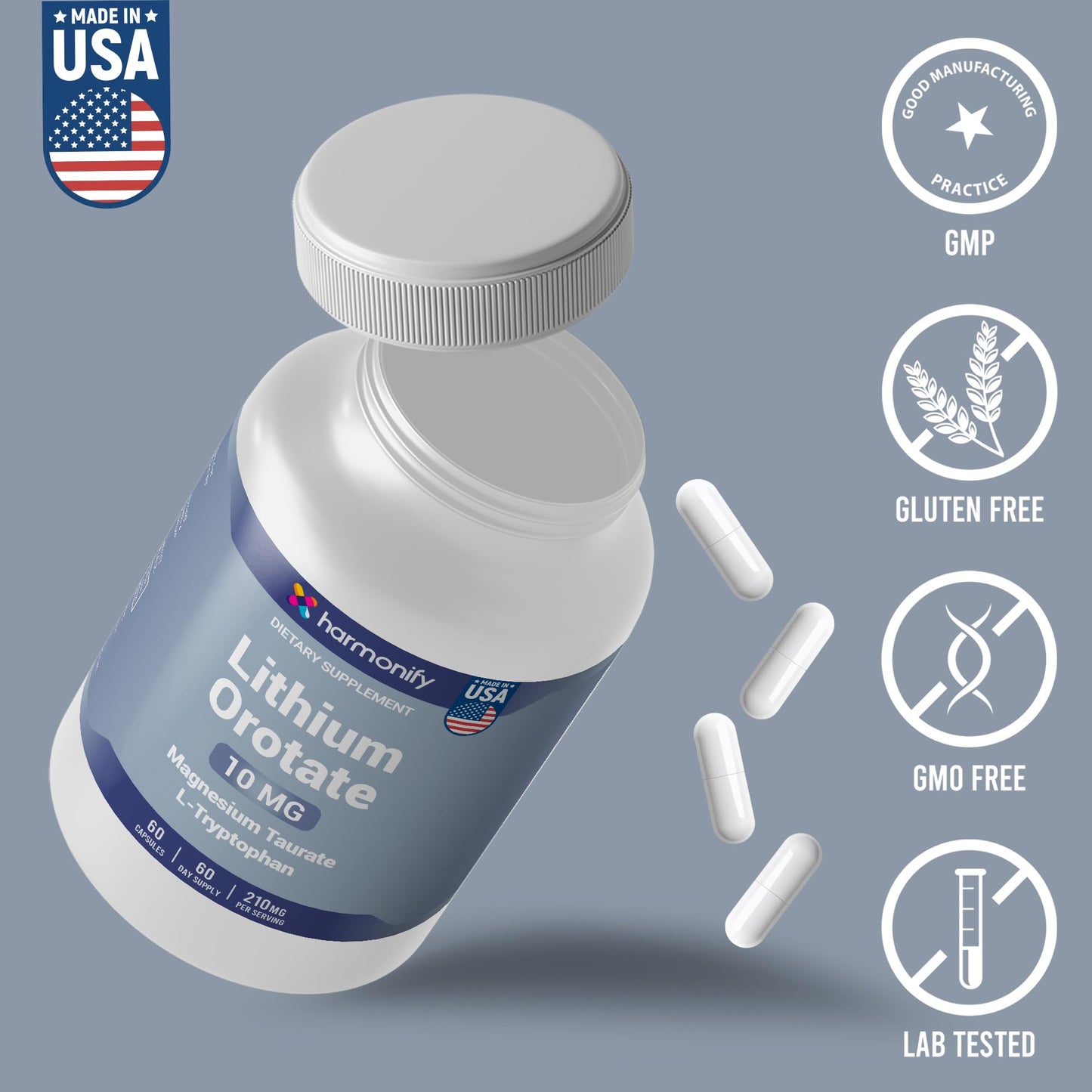 HARMONIFY Lithium Orotate 10mg with Magnesium Taurate & L-Tryptophan – Non-GMO, Gluten-Free, Vegan Friendly Lithium Supplement for Wellness – 60 Capsules