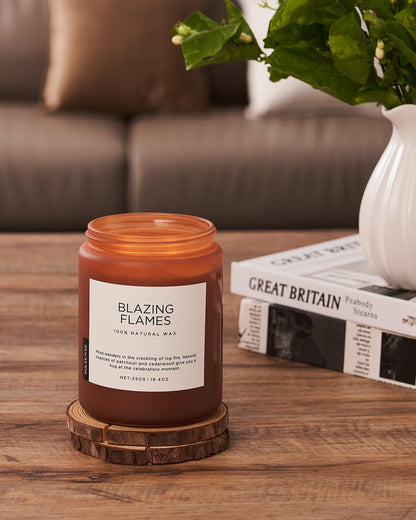 M&SENSE Blazing Flames Scented Candles with Log Fire - Patchouli & Cedarwood, Large Natural Soy 19.4oz 110 Hour Long Lasting Non Toxic Clean Burn Candle Gifts for Men Women