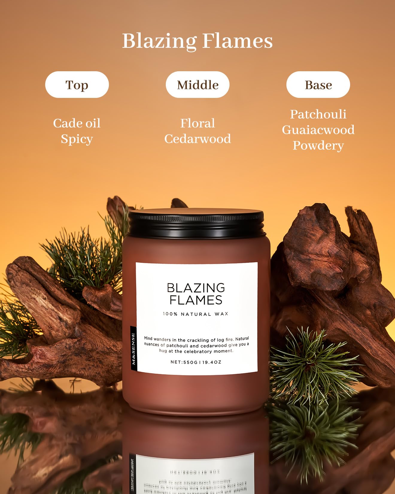 M&SENSE Blazing Flames Scented Candles with Log Fire - Patchouli & Cedarwood, Large Natural Soy 19.4oz 110 Hour Long Lasting Non Toxic Clean Burn Candle Gifts for Men Women
