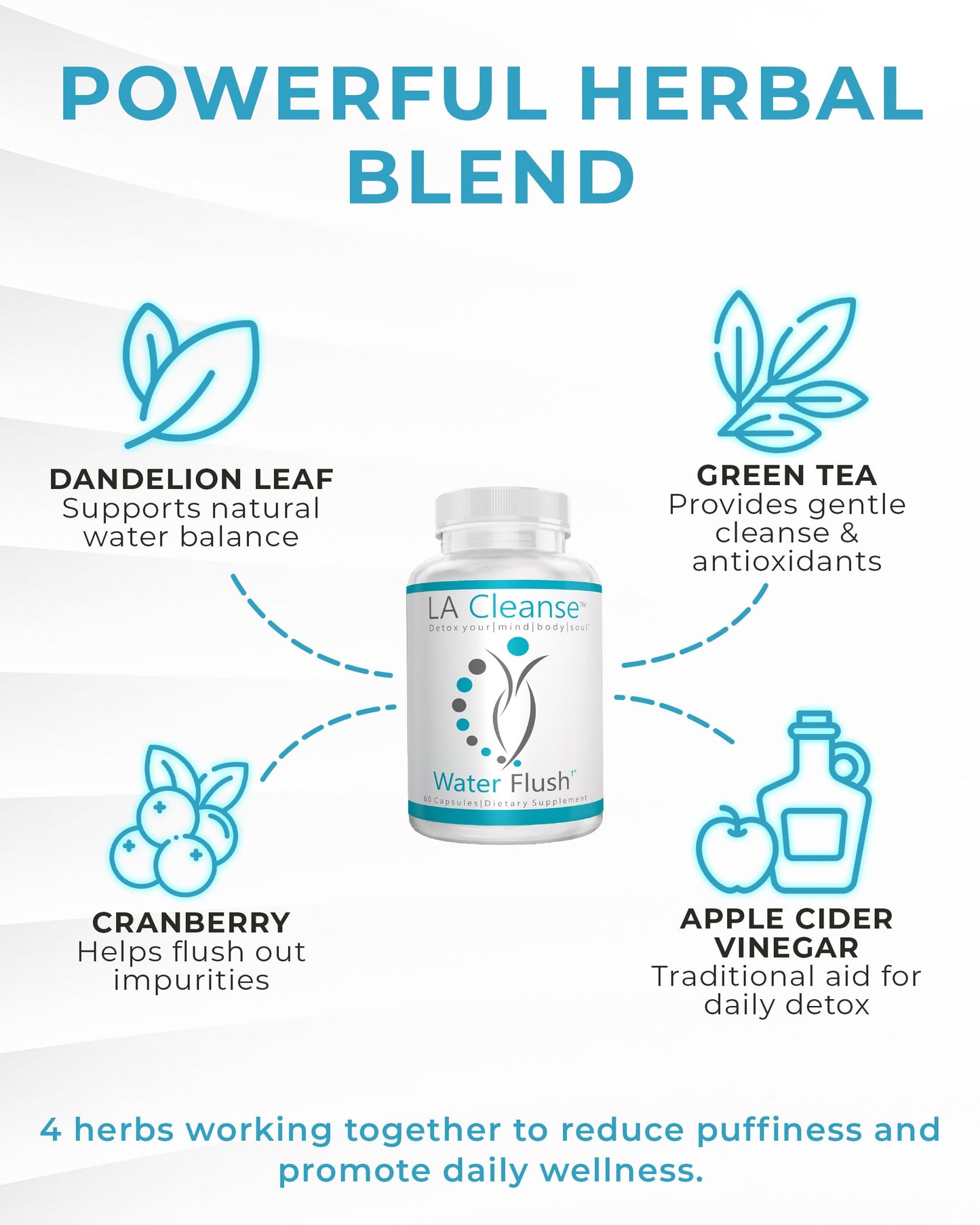 LA Cleanse Water Flush - Natural Water Away Pills for Swollen Legs & Feet - Water Retention Pills for Swelling & Bloat Relief with Potassium, B-6, Dandelion & Green Tea - 1 Pack, 60 Count