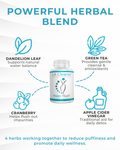 LA Cleanse Water Flush - Natural Water Away Pills for Swollen Legs & Feet - Water Retention Pills for Swelling & Bloat Relief with Potassium, B-6, Dandelion & Green Tea - 1 Pack, 60 Count