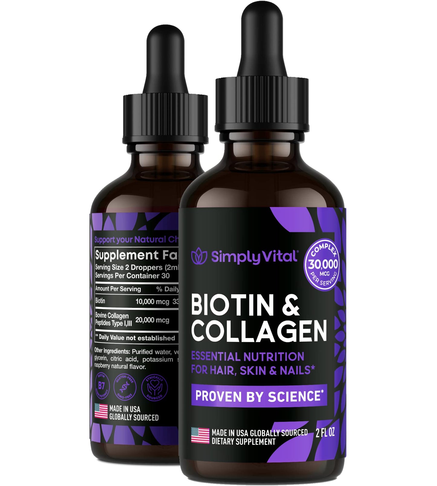 SimplyVital Liquid Biotin & Collagen - Hair, Skin & Nails Vitamins with Biotin 10000mcg & Collagen Peptides - Made in USA - Liquid Collagen for Healthy Skin & Hair Growth Support - 2 fl oz