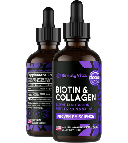 SimplyVital Liquid Biotin & Collagen - Hair, Skin & Nails Vitamins with Biotin 10000mcg & Collagen Peptides - Made in USA - Liquid Collagen for Healthy Skin & Hair Growth Support - 2 fl oz