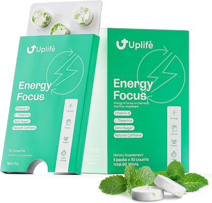 Uplife Energy + Focus Mints 60 Pieces – Fast-Acting 40 mg Caffeine Mint with 80 mg L-Theanine + Niacin Vitamin B3 & B12 + Sugar-Free & 100% Vegan – Caffeine Mints for Natural Energy Boost & Freshness