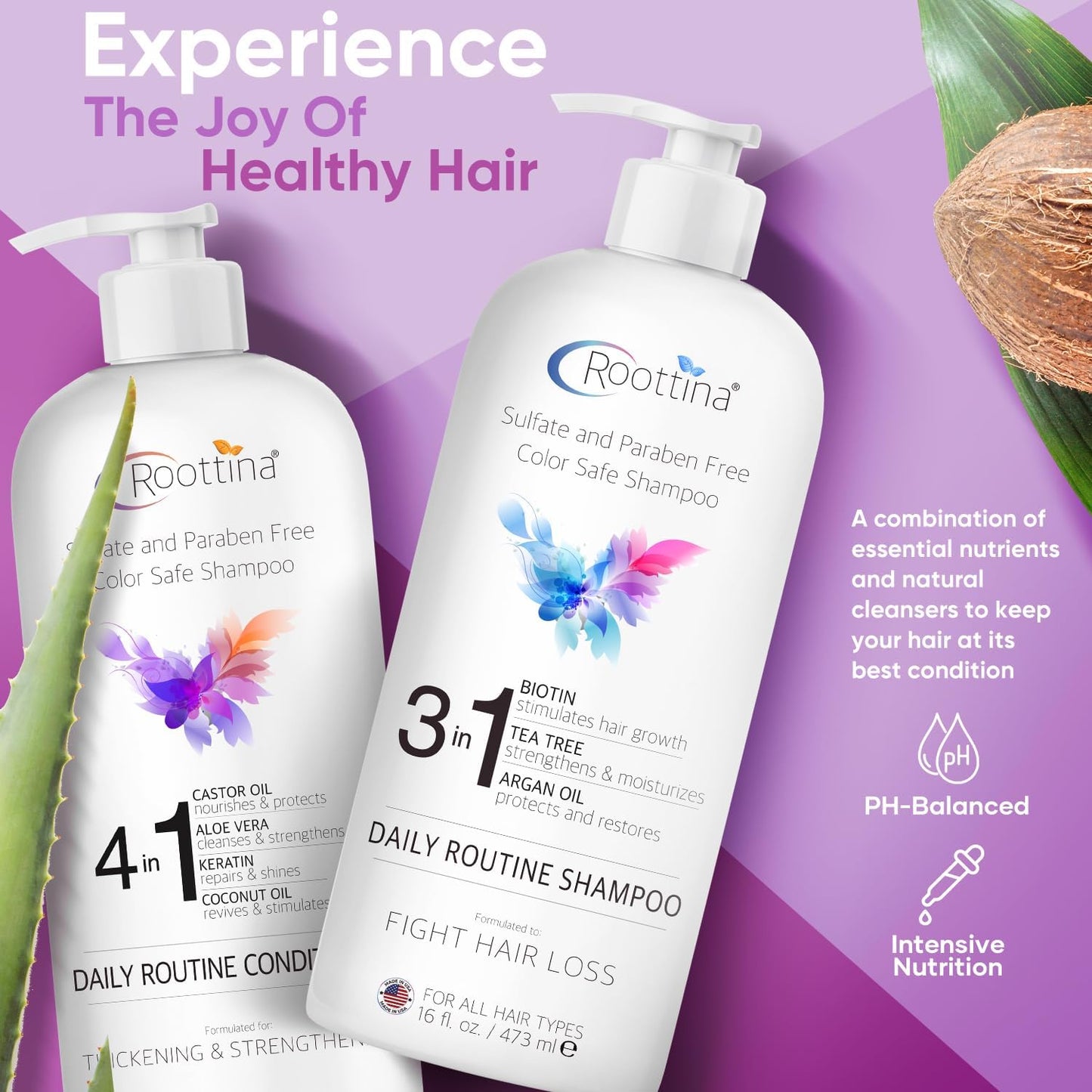 Fights Hair Loss – Roottina Daily Routine Shampoo and Conditioner for Women Hair Loss with DHT Blocker, Formulated for Thinning Hair & Hair Growth Support, Infused with Natural Oils (16 fl oz x 2)