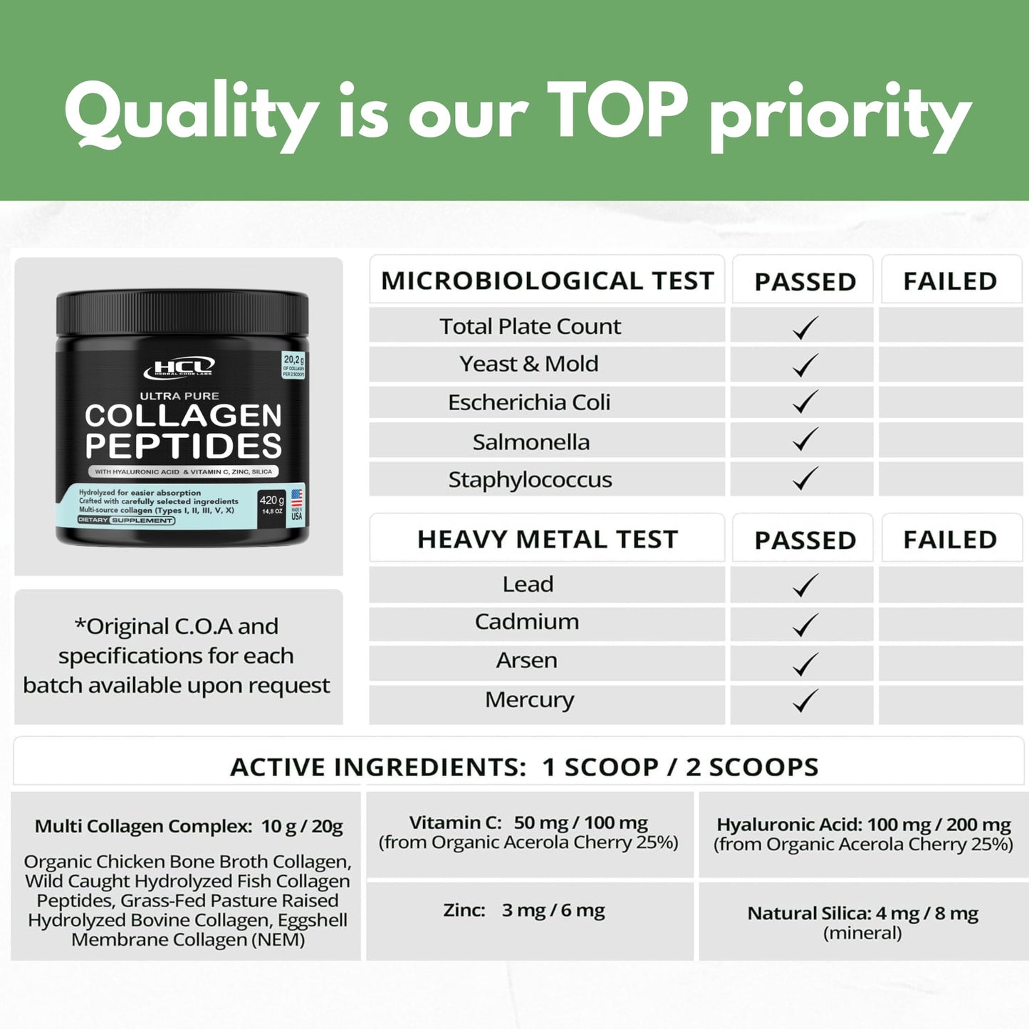 Collagen Peptides Powder with Vitamin C & Hyaluronic Acid - from Organic Cleanest Sources & Super High Absorption - Hydrolyzed Multi Type I, II, III, V, X - Skin Hair Supplement Made in USA