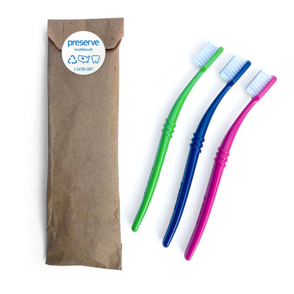 Preserve Eco Friendly Adult Toothbrushes, Made in The USA from Recycled Plastic, Lightweight Paper Packaging, Ultra Soft Bristles, Colors Vary, 3 Count