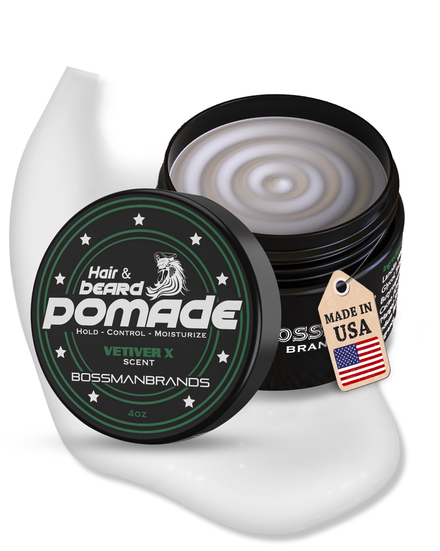 Bossman Natural Hair & Beard Pomade for Men (Vetiver X Scent) – Medium Hold & Moisturizing for Hair, Beard & Mustache Styling – Made in USA