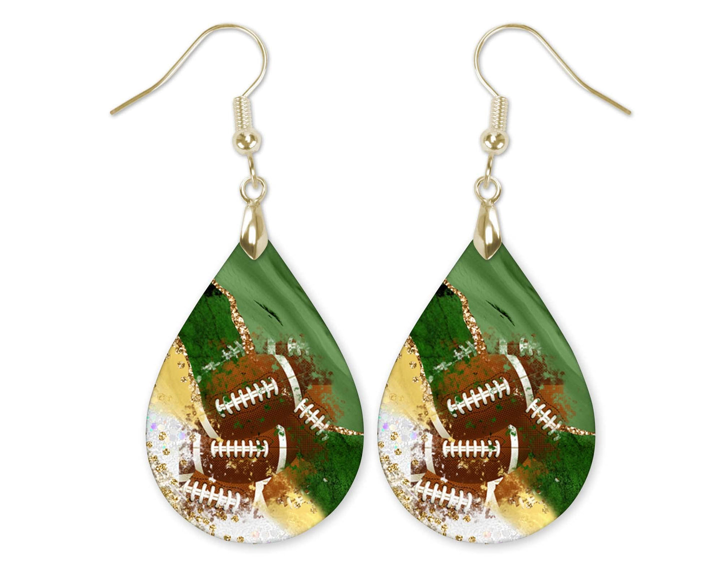 Green and Gold Football Earrings Teardrop MDF Wood Sports School Team Spirit Fan Jewelry Gift for Women Handmade by The Painted Pug (Green and Gold)