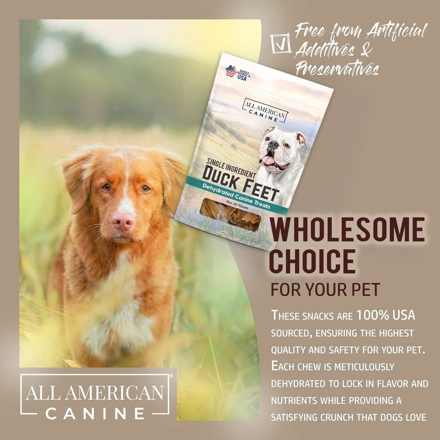 All American Canine 20 Natural Duck Feet Dog Treats – Single Ingredient, Dehydrated & Digestible – Crunchy, Low-Fat, High-Protein Chew for Joint Support & Dental Health – Made in USA